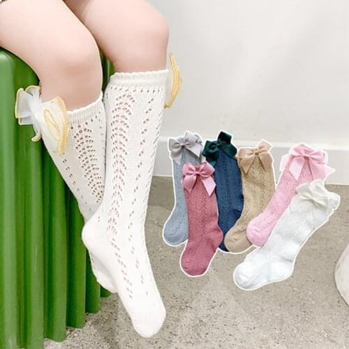 Children Socks Baby Girls Knee High Socks With Bows Spanish Style Toddlers Long Tube Socks Kids Hollow Out Sock Infant Socken