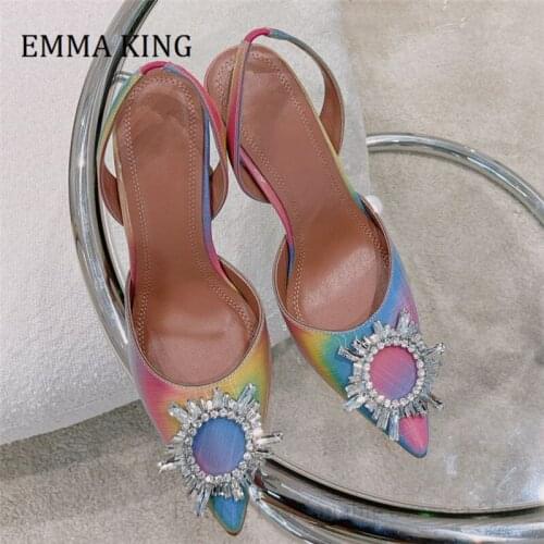 Summer Women Slingback Pumps Pointy Toe Crystal Flower Sandals High Quality Designer Elegant Pumps Wedding Shoes Woman Heels