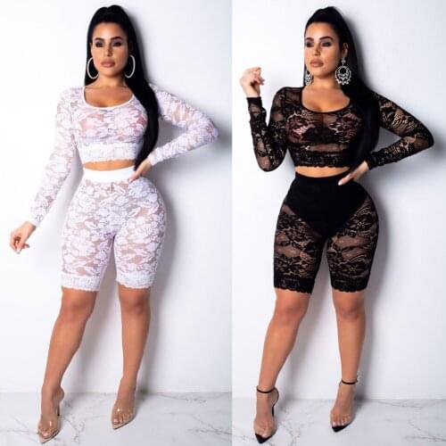 Summer Women Lace Perspective Suit Seven-Point Lace Blouse ShortsLace Crochet Swimsuit Blouse Mesh Fishnet Perspective Suit