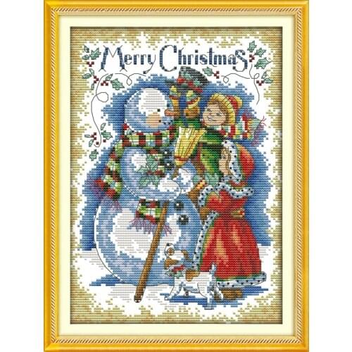 Merry Christmas cross stitch kit winter snowman 14ct 18ct count canvas stitches embroidery DIY handmade needlework plus