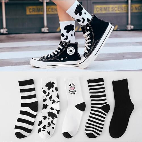 New Arrivals Cow Printed Sock Lovely Harajuku Japanese Style Cotton Women Socks Striped Solid Breathable Casual Cartoon Socks