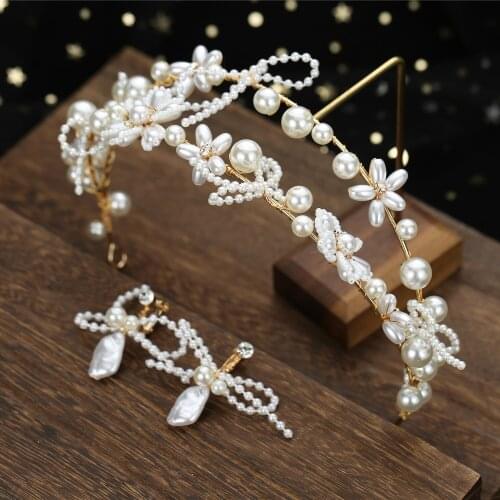 New Romantic Women Bridal Bride Wedding Headwear Set Pearl Beads Hairband Long Tassels Flower Dangle Earrings Jewelry Sets
