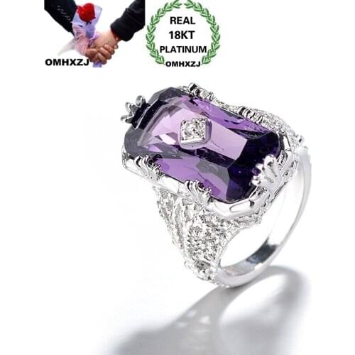 OMHXZJ Wholesale European Fashion Woman Girl Party Birthday Wedding Gift Rectangle Amethyst Zircon 18KT White Gold Ring RR909