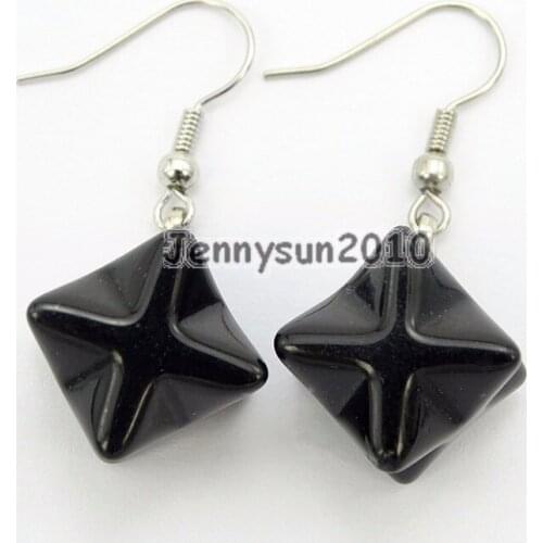 Natural Black Onyx Gems Stone Merkaba Healing Reiki Chakra Pendant Silver Plated Hook Earrings Set 5 Pairs/Pack