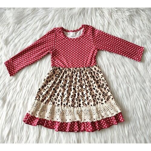 Girl long dot sleeve dress fashion stitching lace frocks high quality girl leopard dress
