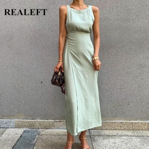 REALEFT New 2021 Summer Cotton Linen Womens Long Dresses Vintage Lace Up Maxi Dress Sashes Sleeveless Female Tank Beach Dresses