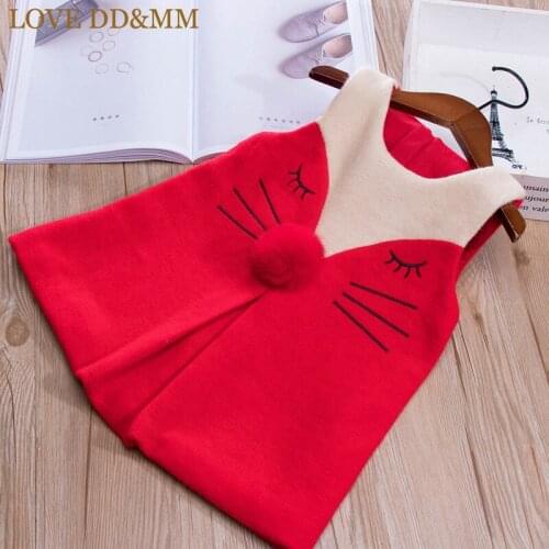 LOVE DD&MM Girls Dresses 2020 Winter New Kids Clothing Girls Cute Cat Embroidery Three-Dimensional Hair Ball Woolen Vest Dress