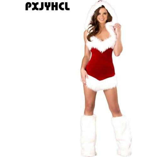 Christmas New Year Festival Cosplay Costume For Women Sexy Red Party Hooded Short Dresses+Boot Adult Female Set Clothing Gift