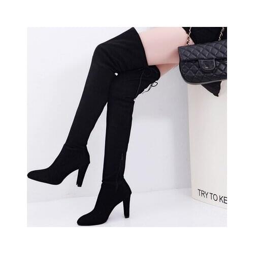 Platform Heels Boots Woman Over Knee Winter Boot Womens Black Faux Suede Leather Shoes Thigh High Boots Lady Snow Fur Shoe34-43