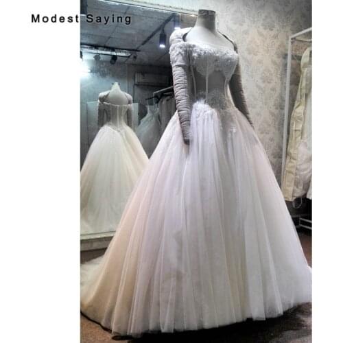 Sexy Sheer Ivory Ball Gown Lace Wedding Dresses 2018 with Puffy Tulle Skirt Beaded Bridal Gowns Formal Boat Neck robe de mariee