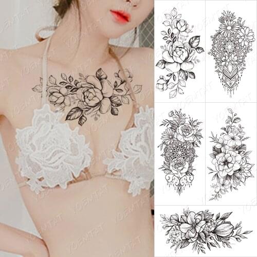 Sexy Black Mandala Flower Temporary Tattoos For Women Girls Henna Tatoos Paper Fake Jewelry String Snake Flower Tattoo For Party