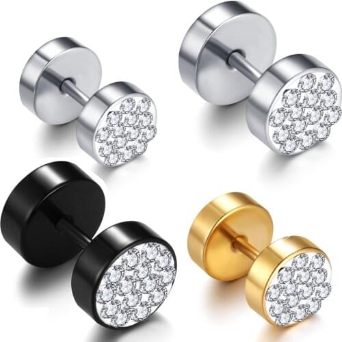 1Pair Black/Silver Gold Color Men Double Sided Round Stud Earrings For Women Stainless Steel Crystal Earrings Piercing Jewelry