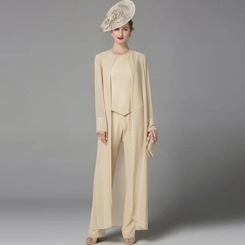 Champagne Chiffon Pantsuit Women Wedding Suit Mother Of The Bride Dress 3 Pcs Evening Dress Custom Dress Wedding Guest Dress