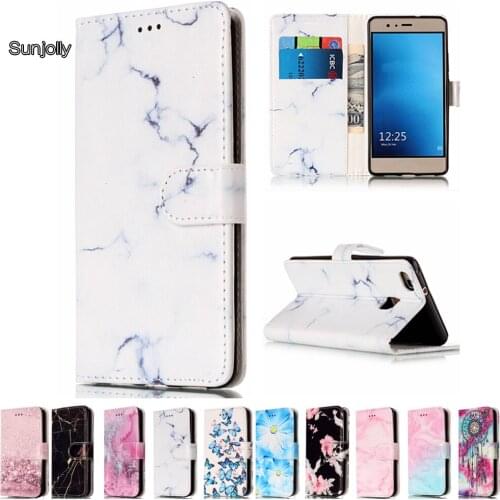 Sunjolly Marble Leather Phone Case for P9 Lite Flower Flip Stand Card Slot Wallet Cover coque fundas para for Huawei P9 Lite