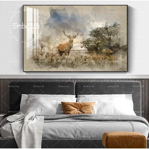 Embelish Red Deer In Forest Landscape HD Canvas Oil Painting For Living Room Watercolor Animals Wall Pictures Home Decor Posters