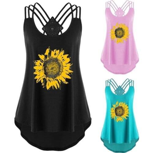 Women Tank Tops Vest O Neck Tank Sleeveless Slim Vest Tops S-2XL Vest Sleeveless Sunflower Print Backless High Low Hem Camisole
