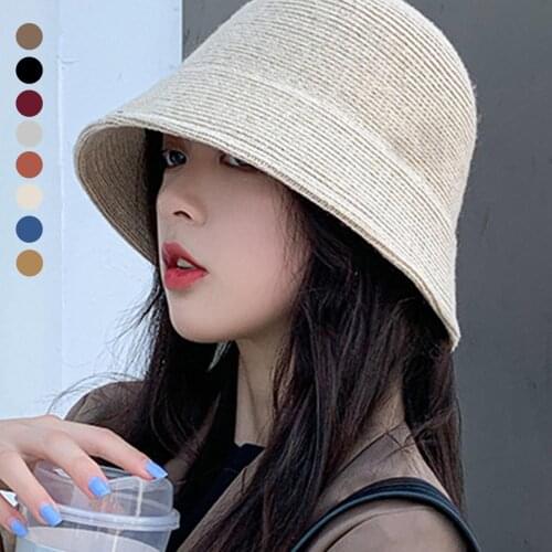 Women Solid Color Wool Bucket Hat Drawstring Fisherman Vintage Knitted Basin Cap Bucket Hats