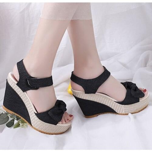 2021 Summer Hot Rome Womens Round Toe Hemp Rope Hook&Loop Platform Denim Sandals Casual Bow Wedge Thick Bottom Peep Toe Sandals
