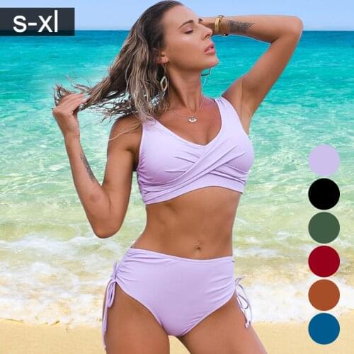 Women Sexy Bikini 2 Piece Push Up Sports Top with Tie Up High Waist Panty Tankini Solid Color Bathing Suit Beachwear S-XL