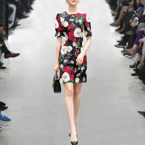2020 Spring New Runway Floral Print A-Line Dresses Women Elegant Puff Sleeve Luxury Crystal Office Lady Mini Dress