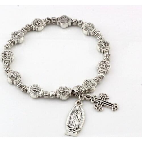 1Pcs Catholic Religious Alloy Beaded Bangles For Men Women Christ Juses Cross Virgin Mary Pendant Bracelets C-79