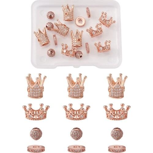 16pcs/box Brass Micro Pave Clear Cubic Zirconia Beads Crown/Ball/Flat Round Spacer Bead Charms for DIY Bracelet Jewelry Making