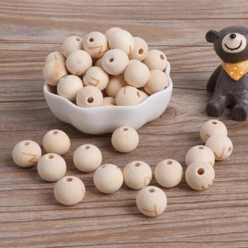 50 Pcs Natural Wooden Beads Round DIY Necklace Bracelet Letter Baby Teether Toys