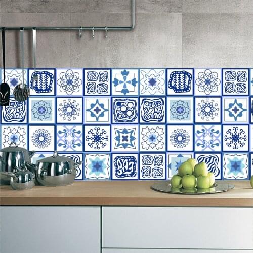 3D Blue And White porcelain Seamless Mosaic Pattern Hand Drawn Abstract Wall Sticker Bathroom Waist Line Home Decor Vinyl Poster