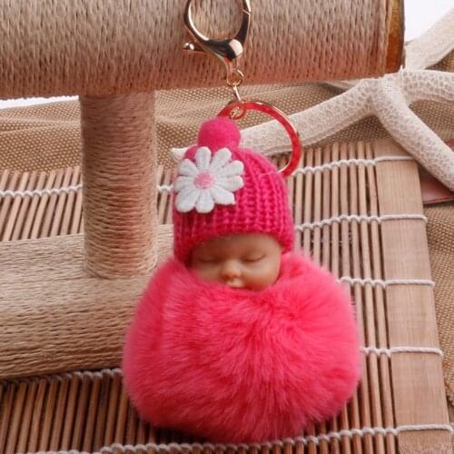 Sleeping Baby Doll Keychain Fur PomPon Rabbit Hairball Ball Car Keyring Baby Toy Car Key Holder Bag Pendant Accessories