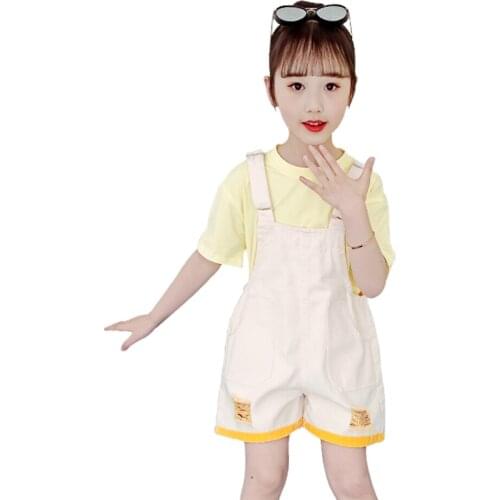Kids Clothes Tshirt + Jumpsuit Clothes For Girls Patchwork Tracksuit For Girl Casual Style Childrens Clothes 6 8 10 12 14
