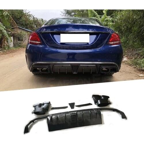 For C Class Carbon Fiber Rear Bumper Lip Diffuser Spoiler with Exhaust Muffer Tip for Mercedes Benz W205 C200 C300 C63 AMG 15-19