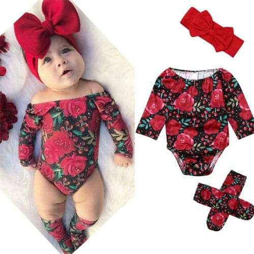 Baby Girl Floral Clothes 3Pcs Sets Fashion Flowers Long Sleeve Shoulderless Romper Leg Warmers Headband Baby Girl Outfits 0-24M