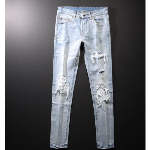 Streetwear Retro Light Blue Denim Punk Trousers Slim Fit Fashion Designer Men Jeans Patches Hip Hop Pants Ripped Jeans For Men