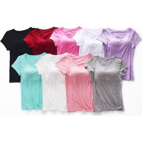 Pure cotton short-sleeved TT-shirt with chest pad, no bra, half-sleeved top, cup one-piece vest