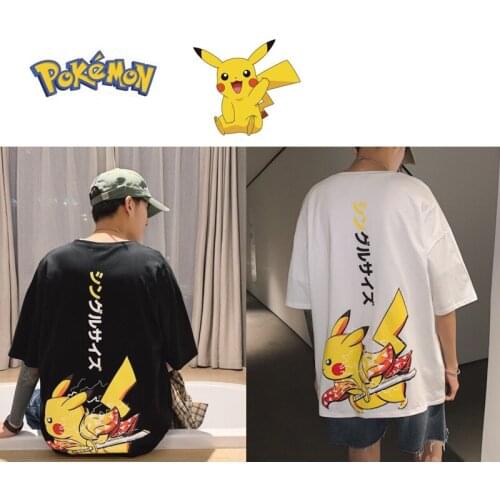 Pokemon Pikachu Short Sleeve T Summer Cartoon Anime Loose Black Half Sleeve Trend Hip Hop Mens Large Size Street T-shirt