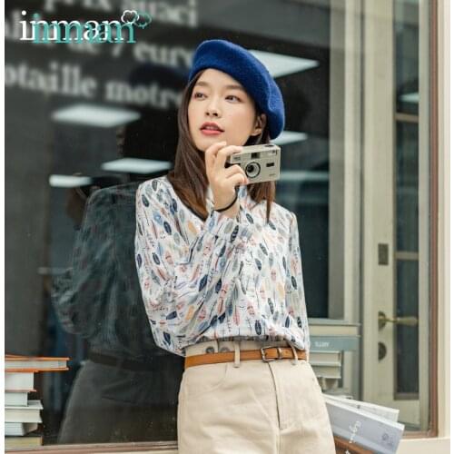 INMAN Autumn Winter Shirt Vintage Lady Leaves Floral Print Button Up Tops Turn Down Collar Long Sleeve Lapel Youth Women Blouse