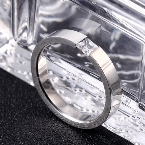 Fashion Simple Thin Design Titanium Steel Crystal Ring Silver Color Finger Rings Couple Jewelry Accessories Gifts