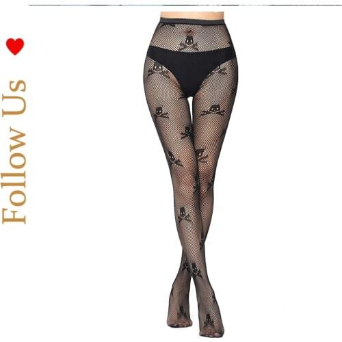 Sexy stay up late thigh high tights fishnet mesh skull print punk stretch pantyhose