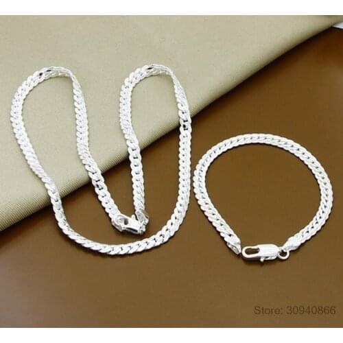 2 Piece 6MM Full Sideways 925 Sterling Silver Necklace Bracelet Fine Jewelry For Women Men Link Chain Sets Wedding Gift