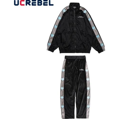 Embroidery Sideline Logo Tracksuit Sets Mens Autumn Contrast Paneled Heart Two-piece Suit Loose Sports Long Sleeve Jacket Men