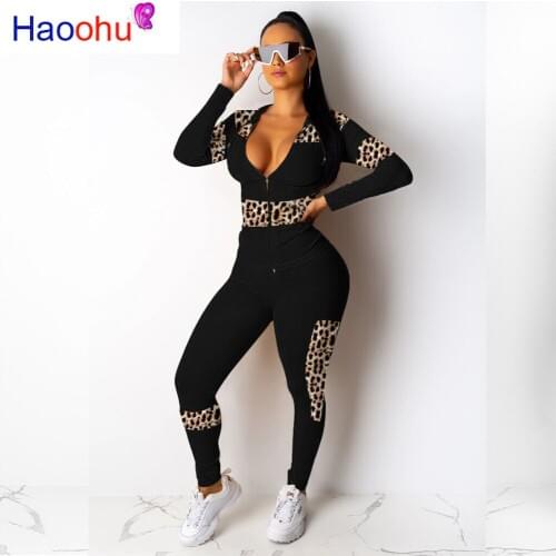 Sexy Leopard Splice Two Piece Set Women Fall Winter Clothing Hoodies Top and Pant Matching Suits 2 Piece Club Outfits