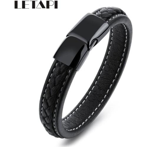 LETAPI Genuine Leather Bracelets Stainless Steel Multilayer Braided Rope Custom Name Bracelets for Man Bracelets Jewelry