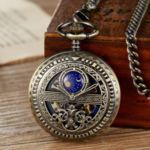 Hand-WInd Mechanical Pocket Watch Vintage Hollow Blue Moon Star Steampunk Skeleton Watch Roman Numerals Clock With Fob Chain