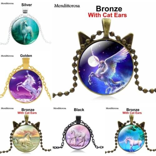 Mendittorosa Unicorn Pegasus Fly Horse Vintage Jewelry Silver Color Glass Cabochon Necklace Pendant For Women Wedding