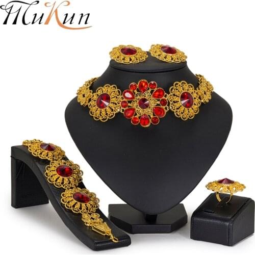 MUKUM Dubai Glamour women jewelry set Red Big Crystal Necklace Italian Luxury Bridal Wedding Jewelry african beads jewelry set