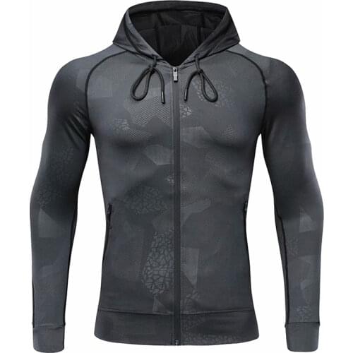 Men Running Jacket Sports Fitness Long Sleeves Hooded Tight Gym Soccer Basketball Outdoor Training Jogging Camouflage Hoodie Top