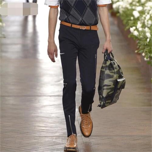 Mens casual pants big brand high-end zipper 2020 spring and autumn new European and American mid-waist youth slim pants trouser