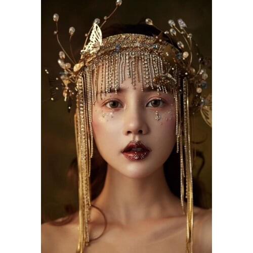 NiuShuya Vintage Butterfly Crown Luxury Tassel Headband Tiara Bridal Hair Vine Wedding Accessories Party Prom Hair Jewelries