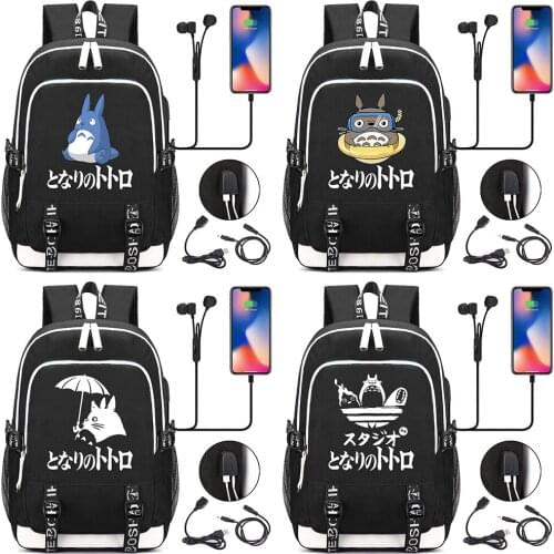 New Cartoon Cute Totoro Printed USB Headphone Jack Boy Girl Kids School bag Women Bagpack Canvas Men Backpack Packsack Bookbag