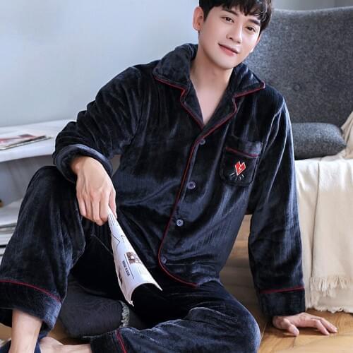 H5894 Men Pajamas Set Thickened Flannel Autumn Winter Sleepwear Home Clothes Male Coral Fleece Plus Size Loose Casual Nightgown